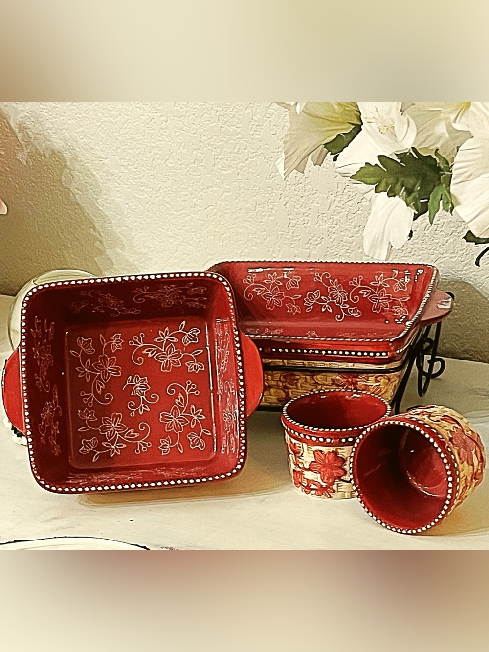 Temptations by Tara Floral Lace Ceramic Bakeware Set Cranberry Red